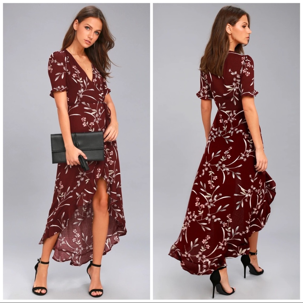 Lulu’s Burgundy Floral Print High-Low Wrap Dress